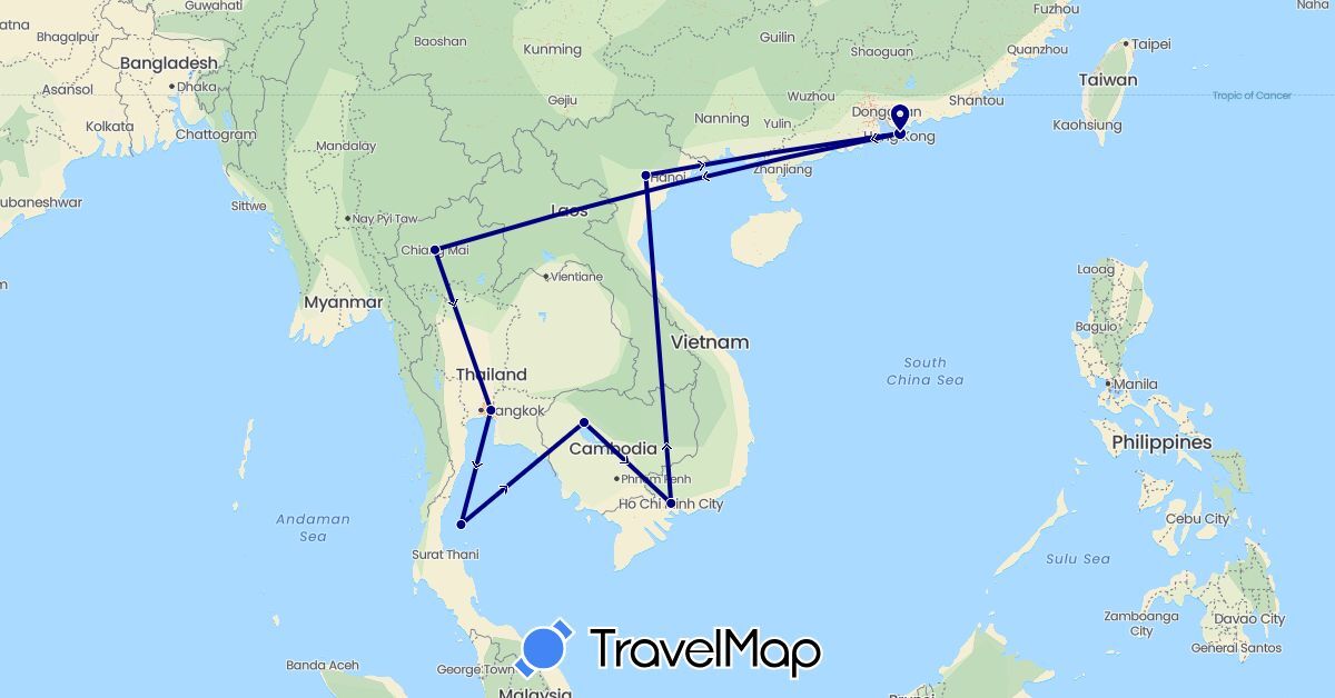 TravelMap itinerary: driving in China, Cambodia, Thailand, Vietnam (Asia)